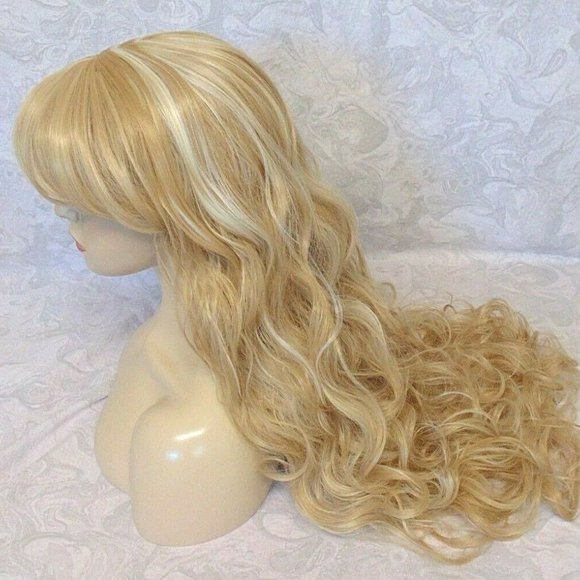 LONG Blonde Highlighted Curly Wig With Bangs main image 8